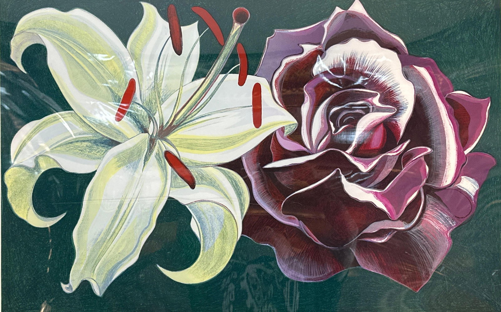 LOWELL NESBITT SIGNED LIMITED EDITION "LILY AND ROSE II" FLORAL MODERNIST LITHOGRAPH: Lowell Blair Nesbitt (American, 1933–1993) color lithograph on paper titled "Lily and Rose II" (from the Les Fleurs du Mal portfolio, 1974), featuring a monumental white lily juxtaposed agai