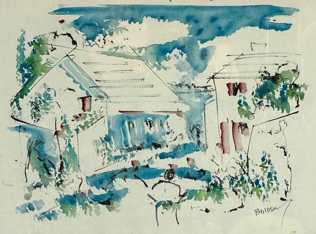 ALFRED BIRDSEY SIGNED ORIGINAL BERMUDA HOUSES MID-CENTURY MODERN MODERNIST WATERCOLOR PAINTING: Mid-20th-century modernist watercolor and ink on paper depiction of white-roofed traditional Bermuda cottages. Approximate Dimensions: 19”x 25”; Frame 24” x 32” Artist or Maker