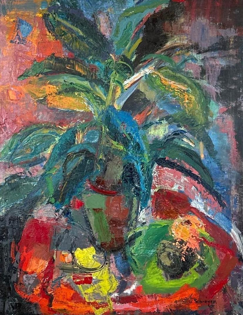 G. SCHREYER SIGNED MID-CENTURY MODERNIST EXPRESSIONIST STILL LIFE OIL PAINTING: Mid-century abstract expressionist oil on canvas still life composition depicting a vibrant potted broadleaf green plant arranged with a plate of fruit on a red tabletop signed lower right. Approximat