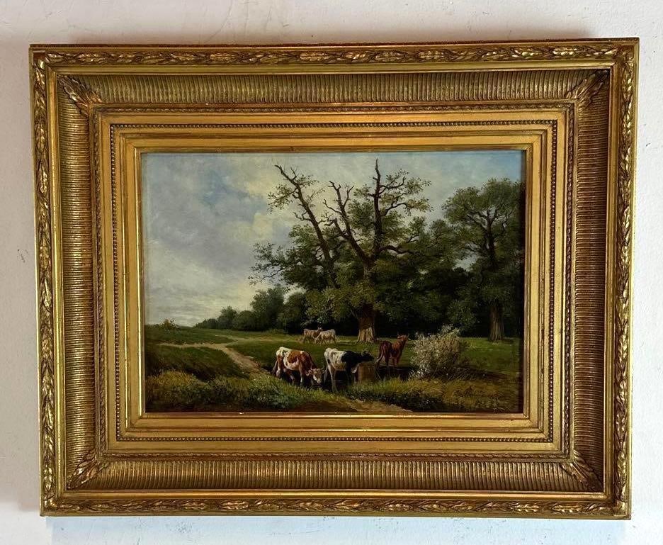 ANTIQUE 19TH CENTURY EUROPEAN SCHOOL CRADLED PANEL PASTORAL LANDSCAPE PAINTING WITH COWS (1 of 8)