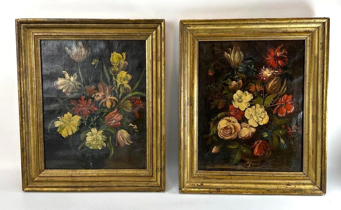 PAIR OF DUTCH STYLE ANTIQUE FLORAL STILL LIFE PAINTINGS: A pair of antique late 19th-century oil paintings on canvas executed in the classical Dutch Old Master tradition. Approximate Dimensions: 13” x 10.5”; Frame 16” x 13” Artist or
