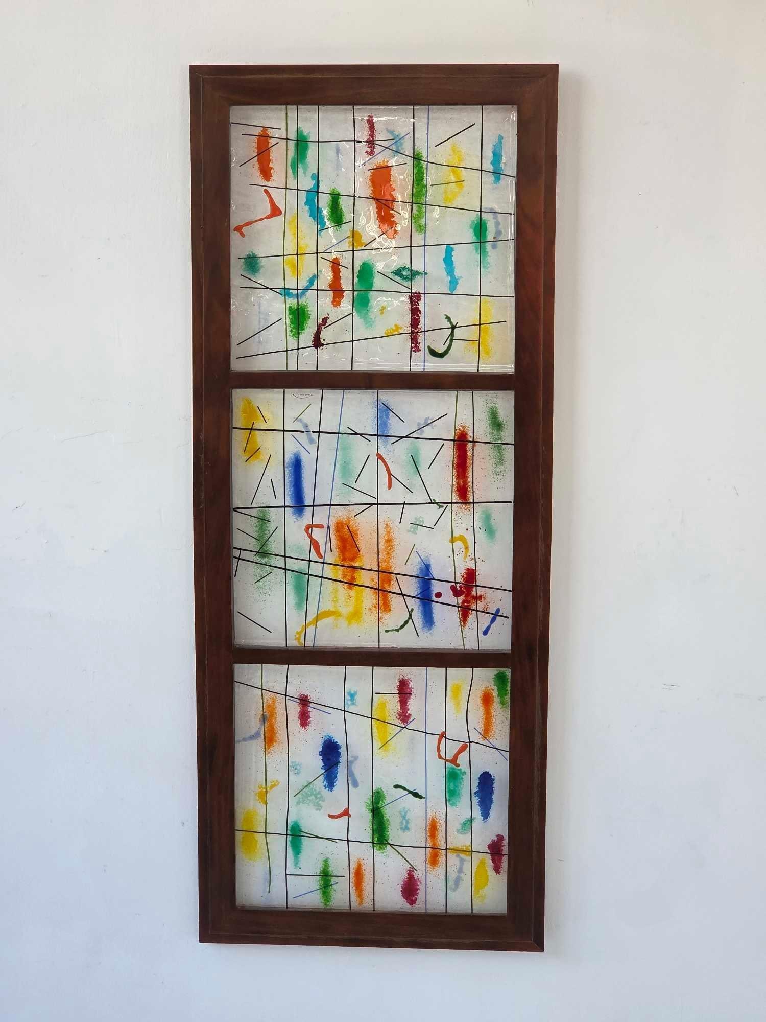 MID-CENTURY MODERN ABSTRACT TRIPTYCH ART GLASS PANEL IN WOOD FRAME (1 of 11)