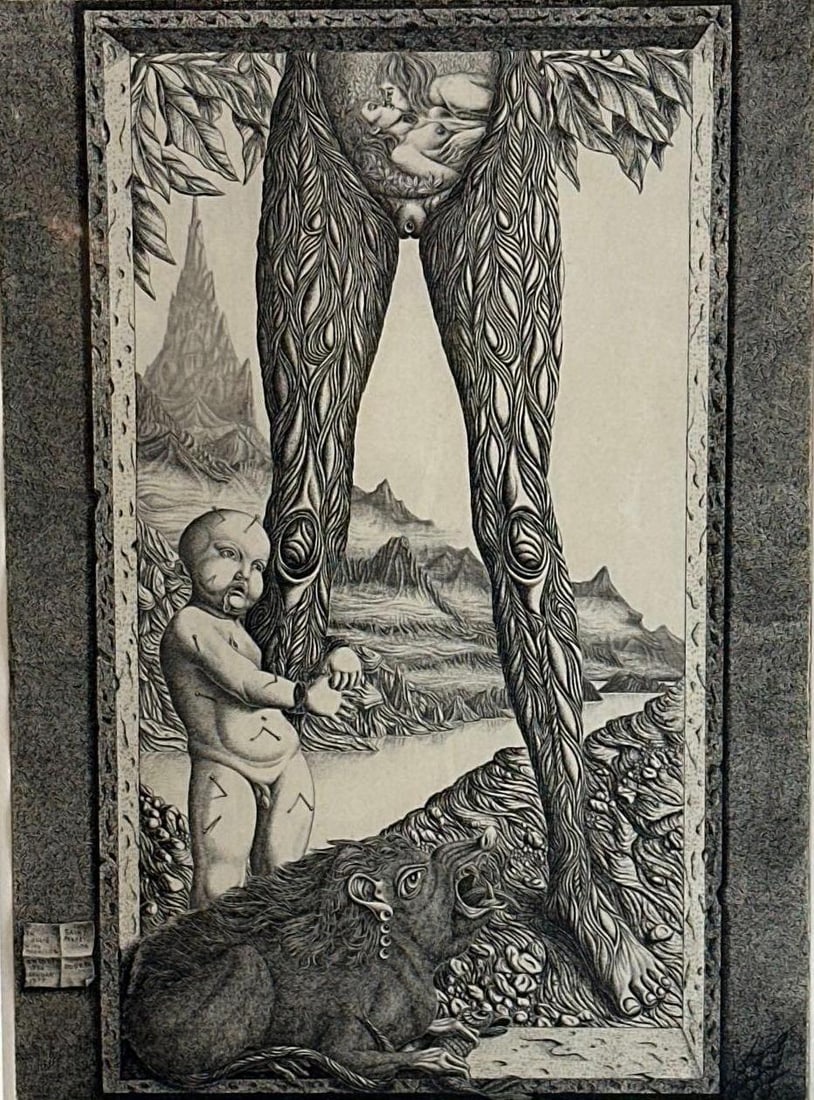 JØRGEN BOBERG SIGNED SURREALIST ETCHING COMPOSITION WITH FIGURE AND CHILD (1 of 8)