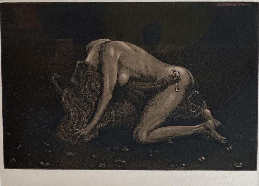 JORGEN BOBERG SIGNED ETCHING WOMAN WITH BEAST: A framed etching by the Danish artist Approximate Dimensions: 6”x9; Frame 22" x 16" Artist or Maker: Jorgen Bobherg Provenance: From a New York Collector Notes: Although care is t
