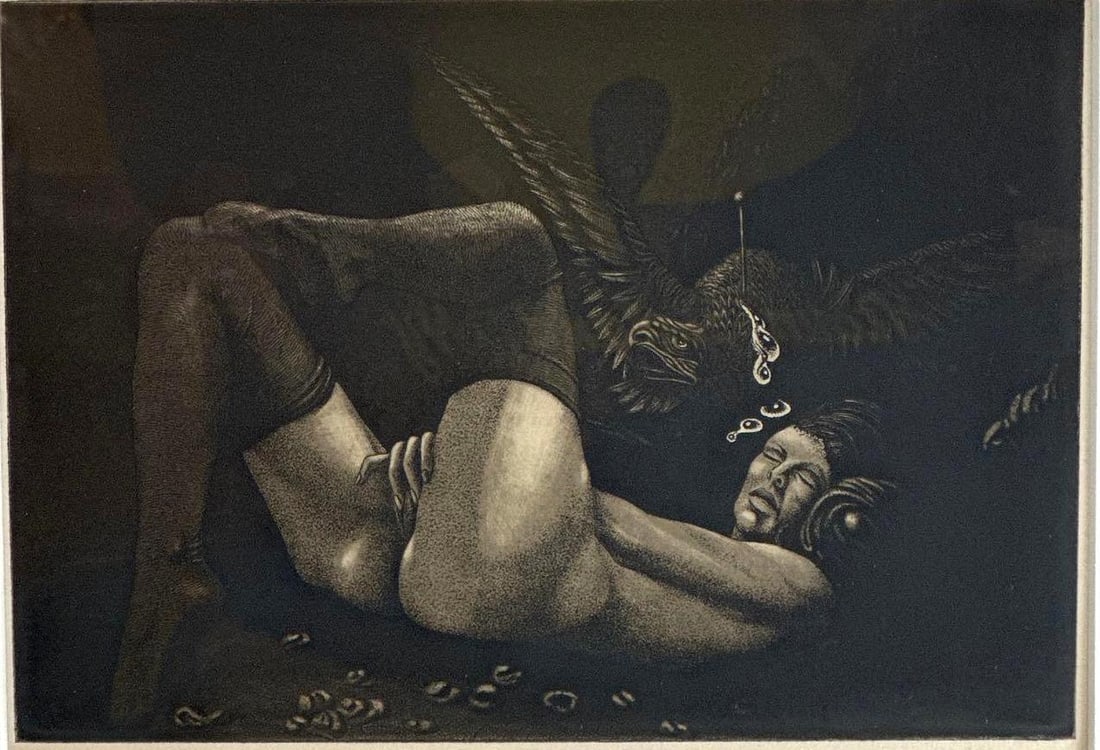 JORGEN BOBERG ETCHING SIGNED WOMAN WITH EAGLE (1 of 6)