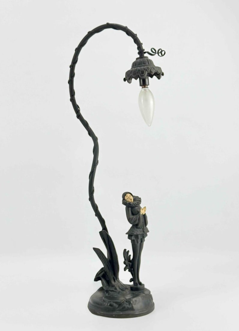 VINTAGE J.B. HIRSCH COLLECTION FRANCAISE "PIERRETTE" ART DECO STYLE LAMP: A vintage Art Deco style "Pierrette" gooseneck figural desk lamp from the J.B. Hirsch Co. "Collection Francaise." The spelter metal base features a sculpted Harlequin or Pierrette figu