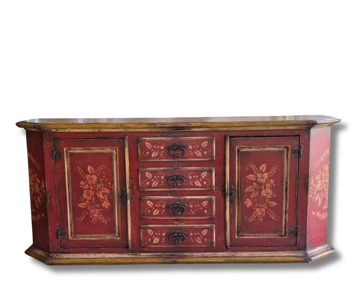 PAINT DECORATED RUSTIC ITALIAN STYLE LARGE RED SERVER SIDEBOARD CONSOLE CABINET (1 of 19)