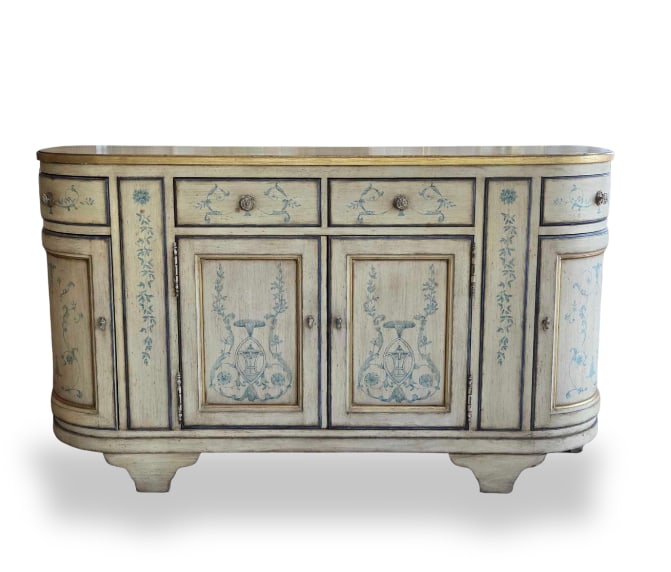 VINTAGE PAINT DECORATED SERVER BY CENTURY FURNITURE: Vintage cream-painted demilune wooden commode with elegant blue neoclassical urn and floral scrollwork decorations, gold-gilt trims, a smooth wood-grain top surface, four upper drawers, and four cabin