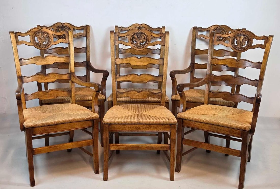 FRENCH COUNTRY DINING CHAIRS ROOSTER MEDALLION RUSH SEAT SET OF 6 (1 of 17)