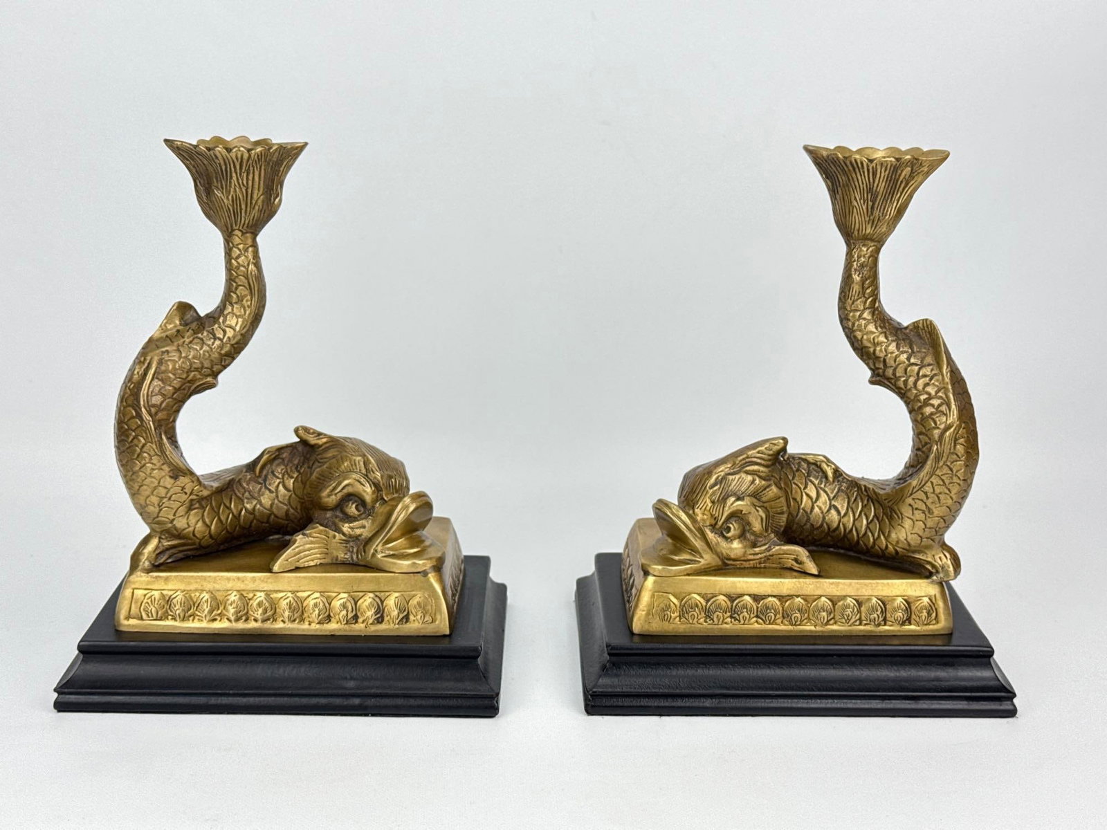 PAIR OF NEOCLASSICAL STYLE BRASS DOLPHIN CANDLESTICKS ON PLINTHS (1 of 10)