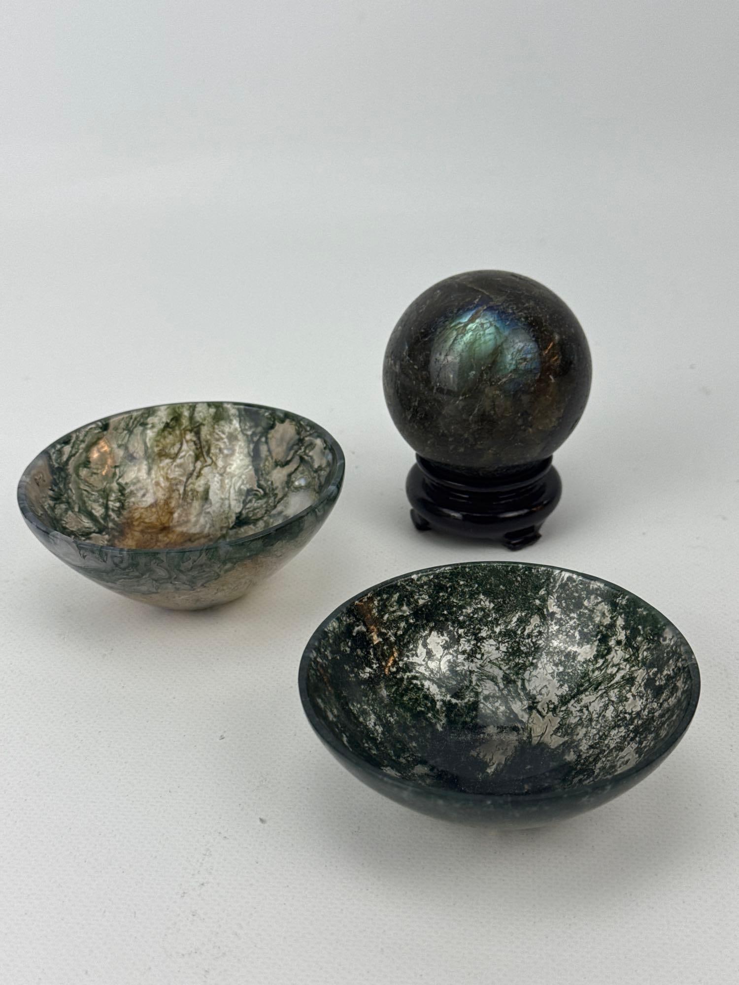 THREE PIECE NATURAL LABRADORITE SPHERE WITH WOOD STAND AND MOSS AGATE BOWLS COLLECTION (1 of 7)