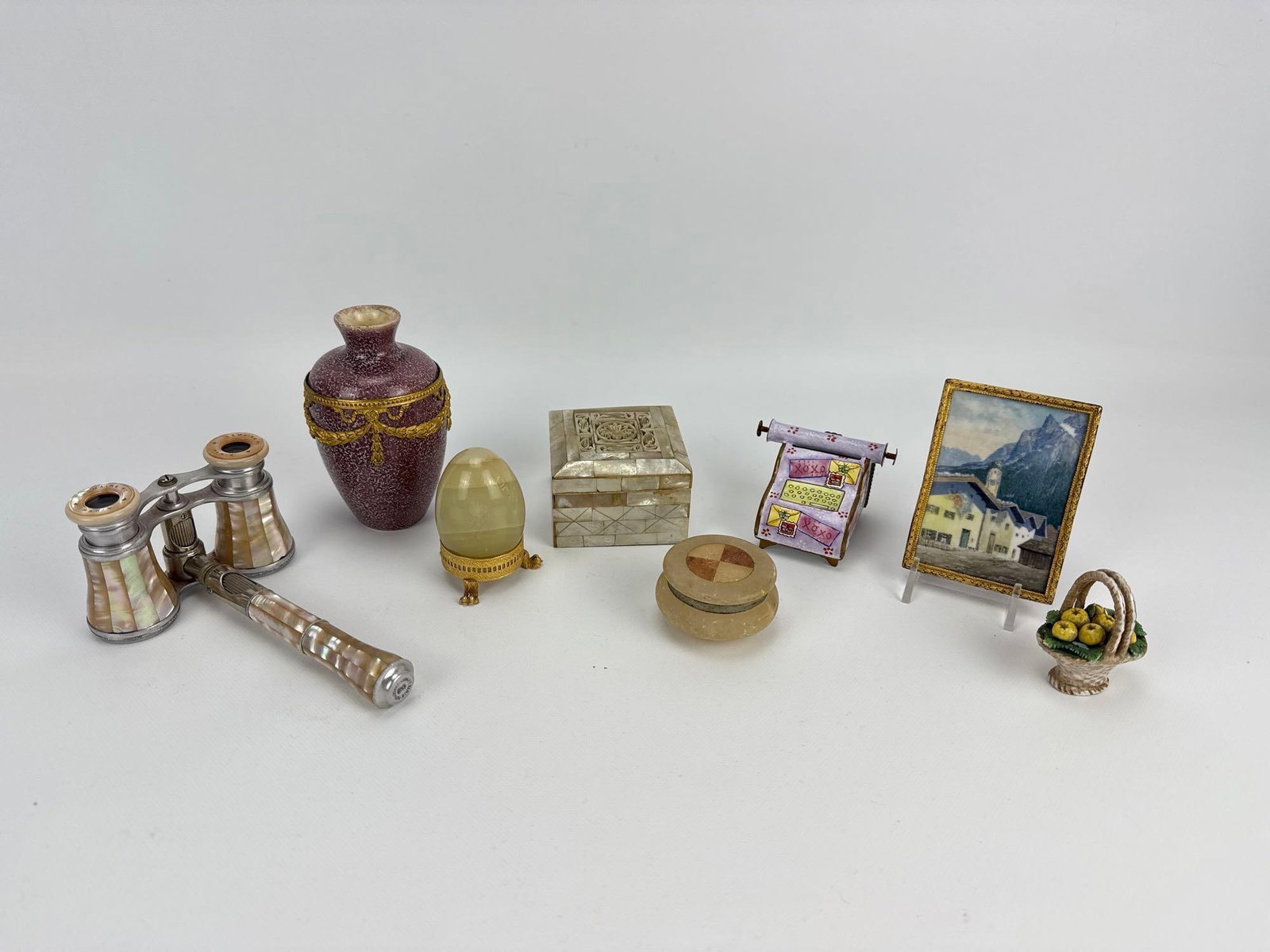 EIGHT PIECE ECLECTIC ANTIQUE AND VINTAGE CURIOSITY DESK OBJECTS DISCOVERY LOT: An eight-piece discovery lot of eclectic antique and vintage curiosity shelf and desk objects. The collection includes: Lorgnette Opera Glasses MCM Miniature Vase:
