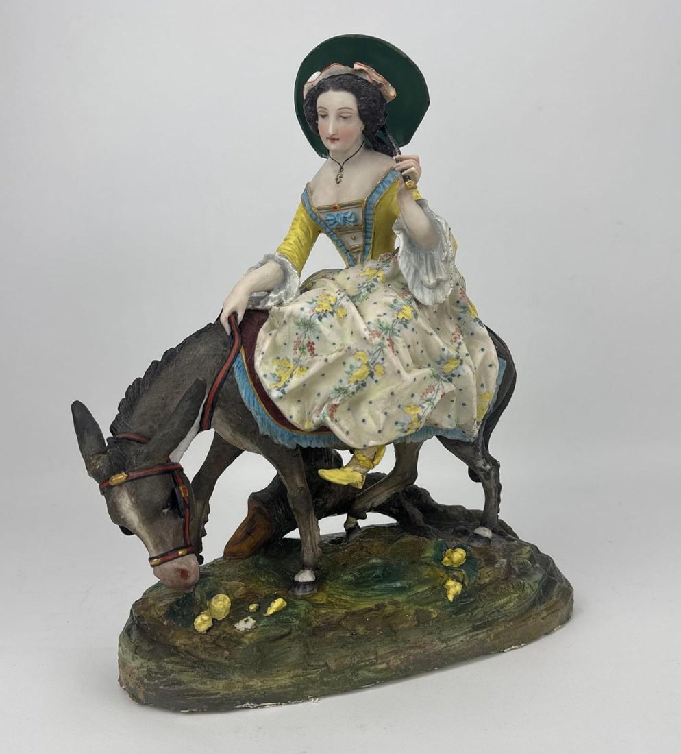 CONTINENTAL PORCELAIN LADY RIDING A DONKEY FIGURINE (1 of 13)