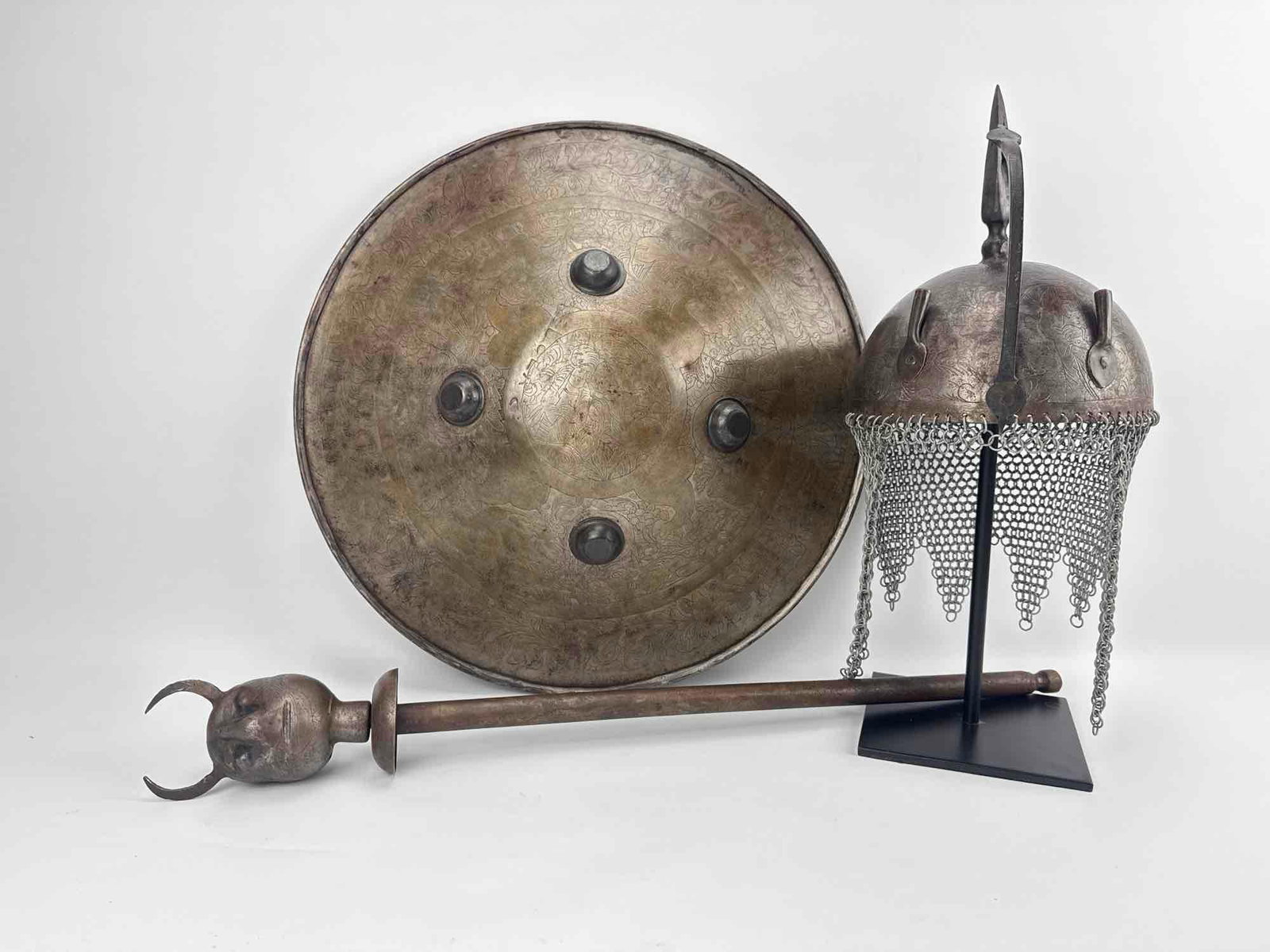 19th CENTURY PERSIAN QAJAR STYLE ETCHED STEEL HELMET, SHIELD, AND DEMON MACE SET (1 of 19)