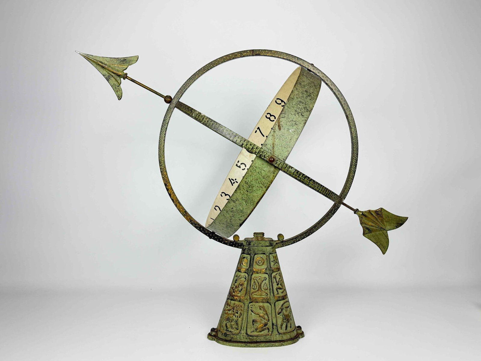LARGE PATINATED METAL ZODIAC BASE ARMILLARY SPHERE SUNDIAL (1 of 12)