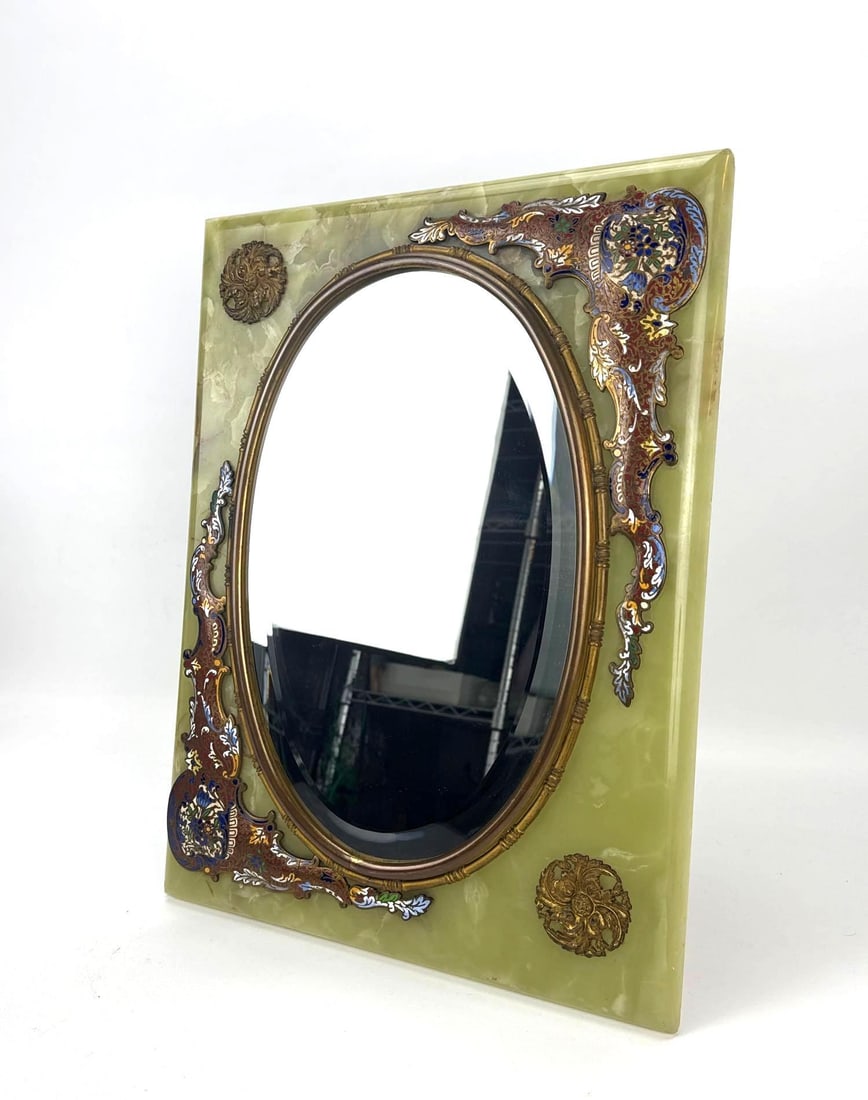 ANTIQUE FRENCH GREEN ONYX & CHAMPLEVÉ ENAMEL TABLE MIRROR (1 of 19)