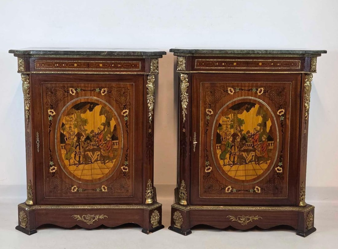 PAIR OF FRENCH MARBLE TOP MARQUETRY INLAID BRONZE MOUNTED ONE DOOR CABINETS (1 of 20)
