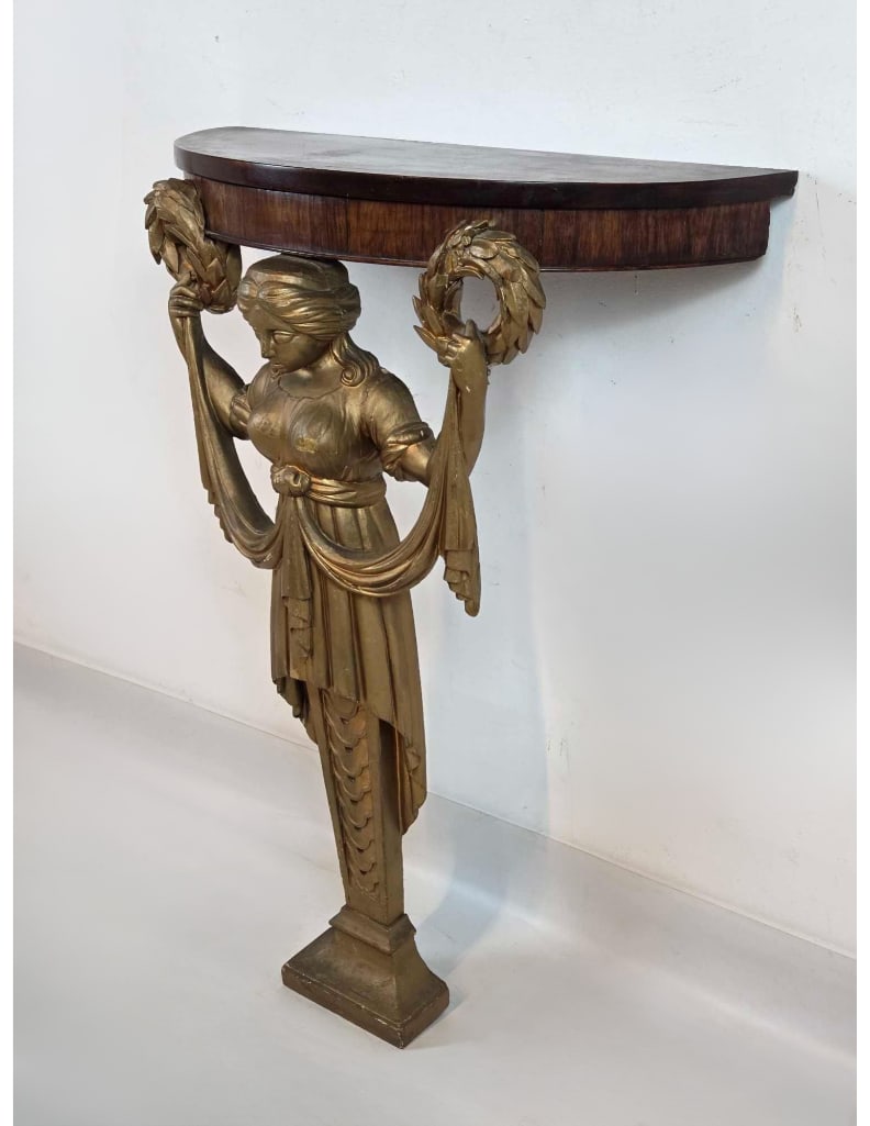 ANTIQUE EMPIRE STYLE CARVED GILTWOOD FIGURAL DEMILUNE CONSOLE TABLE (1 of 11)