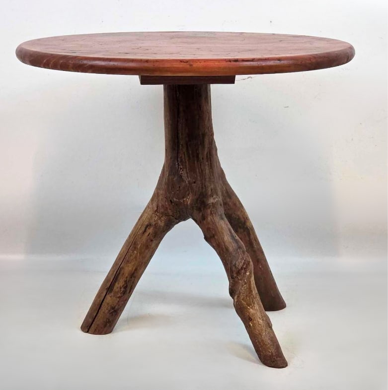 VINTAGE CIRCULAR SIDE TABLE WITH TRIPOD TREE BRANCH BASE (1 of 7)