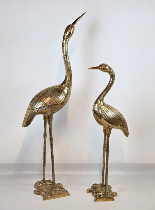 TWO LIFE SIZED HOLLYWOOD REGENCY SOLID BRASS CRANE SCULPTURES (1 of 12)