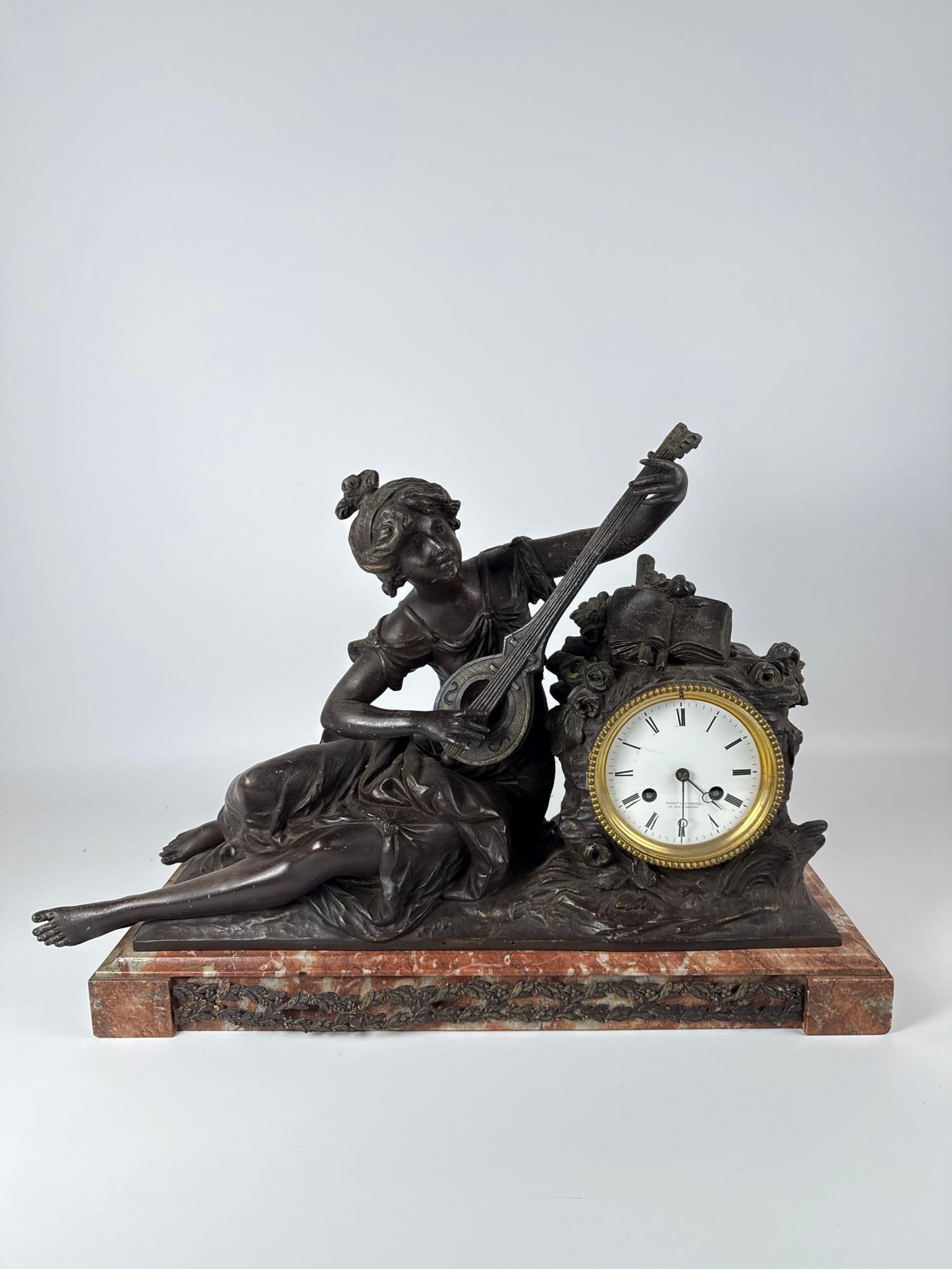 L. & F. MOREAU LECUREUIL ORNATE MANTLE CLOCK ON MARBLE PLINTH FEATURING MUSE W/LUTE (1 of 12)
