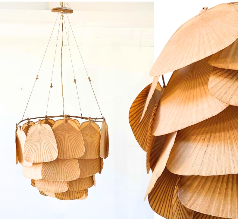 INGO MAURER (1932 - 2019) FOR DESIGN M UCHIWA BAMBOO AND RICE PAPER FAN CHANDELIER: An iconic, large-scale mid-century modern pendant light fixture constructed with tiered traditional Japanese Uchiwa flat fans suspended from an organic, circular bamboo frame. Fixture Only Approximate