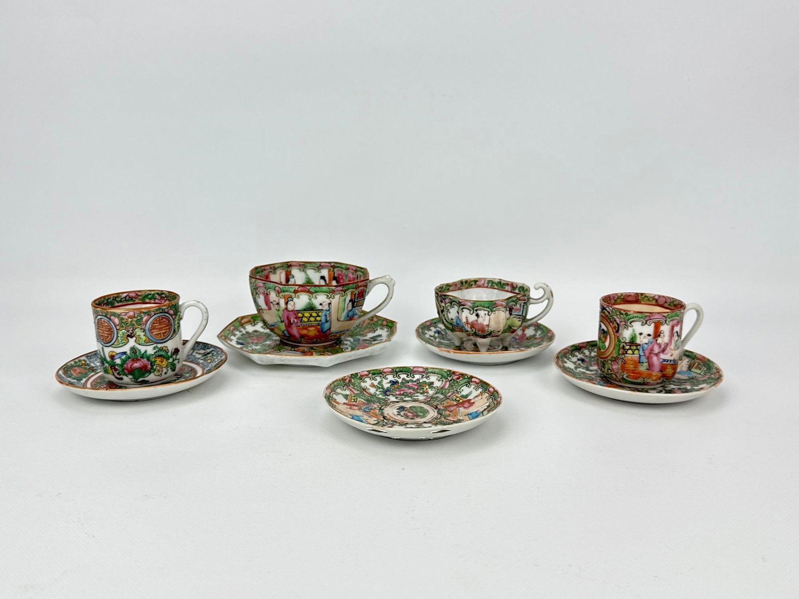 NINE-PIECE ASSEMBLED COLLECTION OF CHINESE EXPORT ROSE MEDALLION PORCELAIN TEACUPS AND SAUCERS (1 of 10)