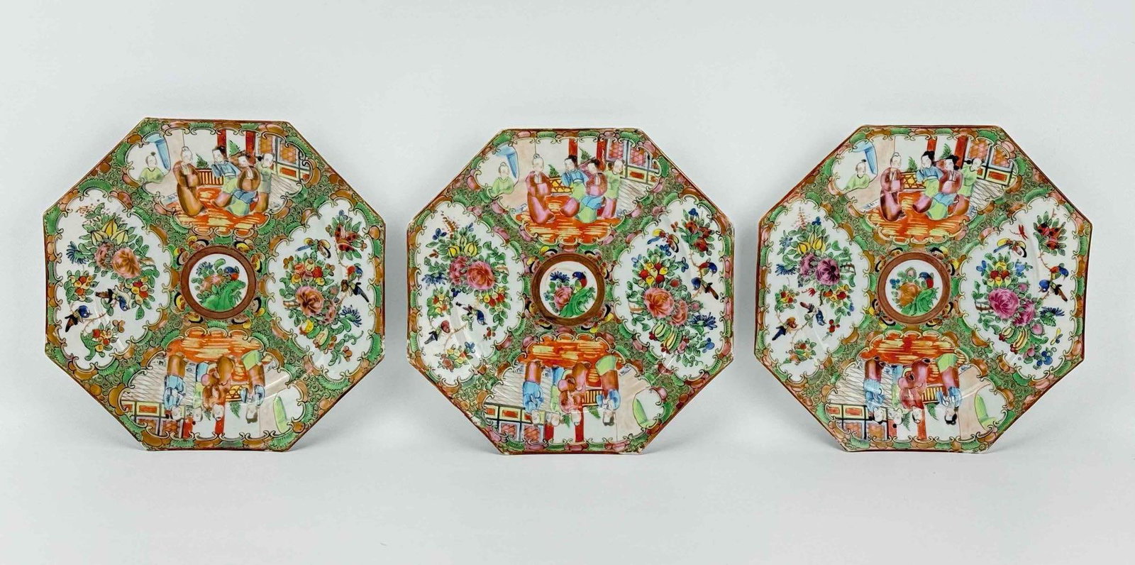 THREE ANTIQUE CHINESE EXPORT ROSE MEDALLION OCTAGONAL PORCELAIN PLATES (1 of 10)