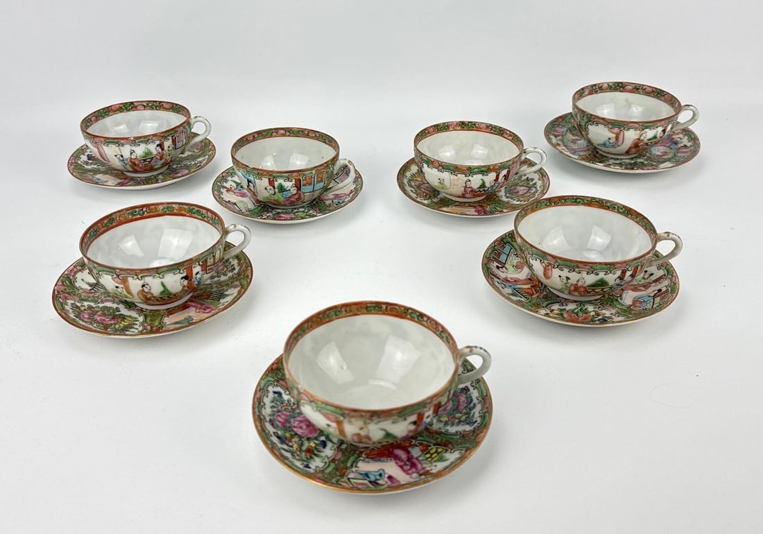 CHINESE ROSE MEDALLION PORCELAIN TEACUPS AND SAUCERS LOT (9 Items) (1 of 7)