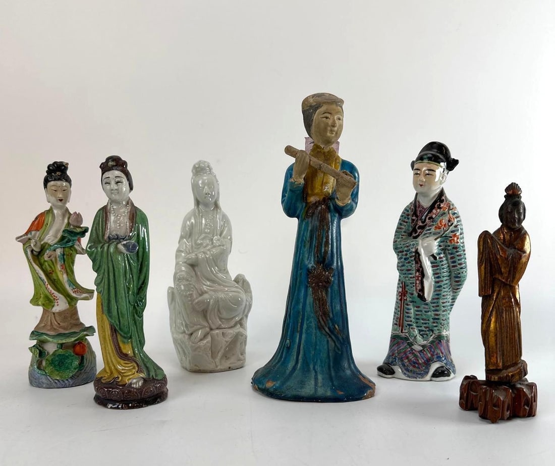 CHINESE ENAMELED PORCELAIN AND POTTERY GUANYIN FIGURINES LOT OF 6 (1 of 10)