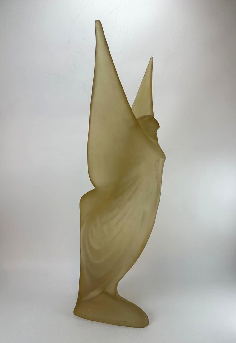 VINTAGE AUSTIN PRODUCTIONS ART DECO STYLE FROSTED ACRYLIC WINGED WOMAN SCULPTURE: Large 1980s modernist frosted translucent amber-tinted molded resin or acrylic sculptural figure depicting an elegant stylized winged woman standing tall with upward-sweeping ethereal wings in a sleek