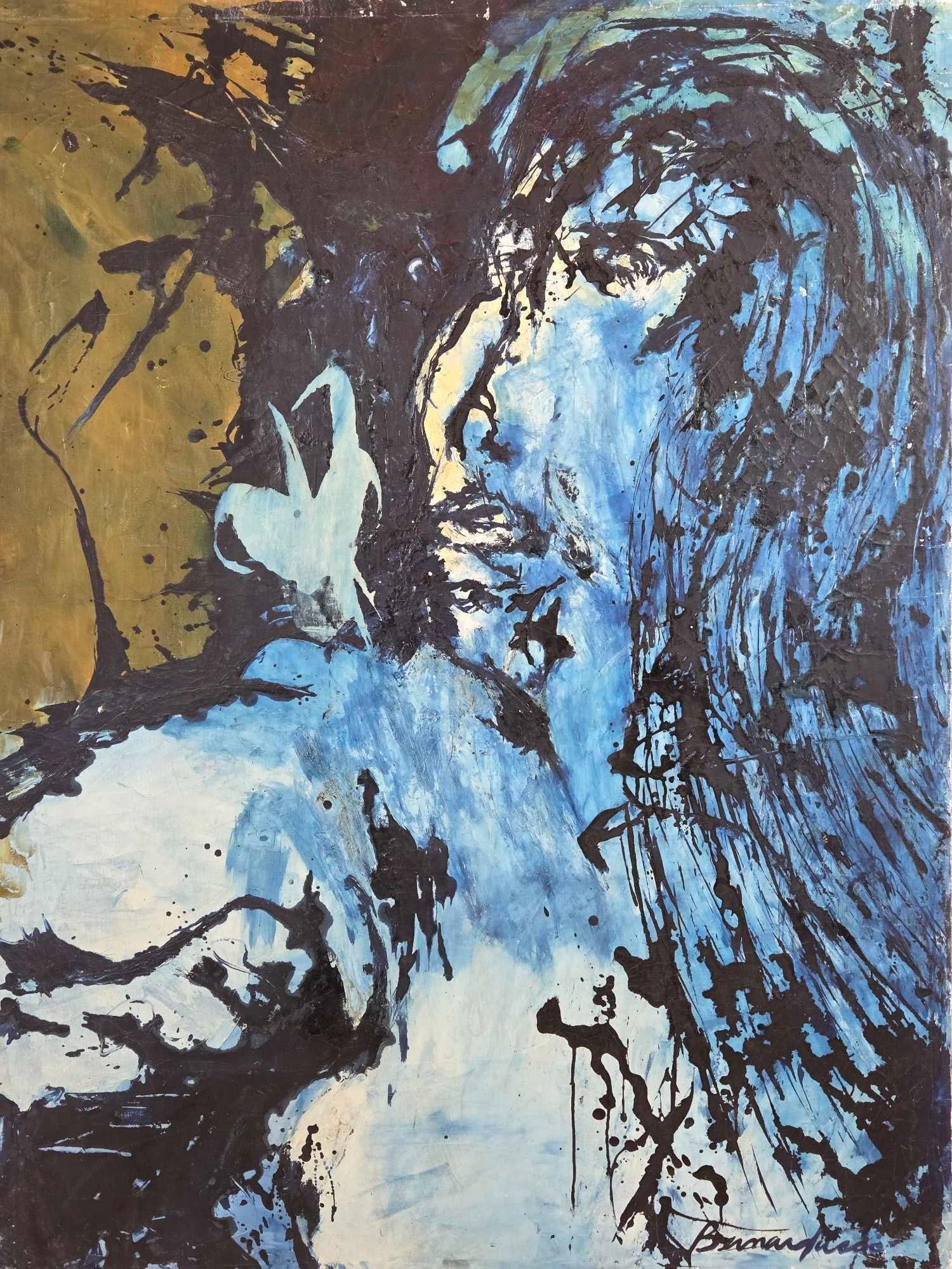 BERNARDUCCI LARGE MID-CENTURY MODERN BLUE ABSTRACT EXPRESSIONIST PORTRAIT OIL PAINTING: Large 20th-century abstract expressionist oil on canvas portrait painting executed predominantly in shades of blue and stark black paint splatters depicting a stylized dynamic face and torso rendered 