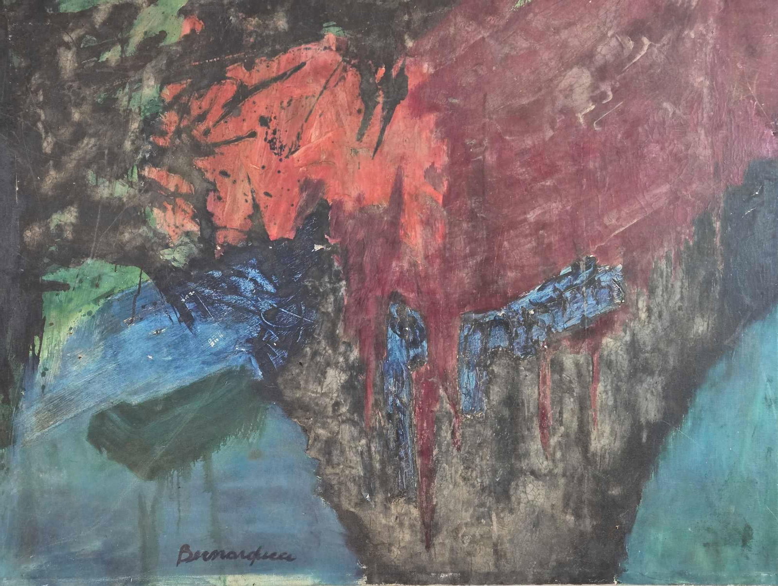 FRANK BERNARDUCCI MID-CENTURY MODERN ABSTRACT EXPRESSIONIST OIL ON CANVAS PAINTING "VECTOR": Large 20th-century Abstract Expressionist oil on canvas painting by American artist Frank Bernarducci. Approximate Dimensions: 36" x 48" Artist or Maker: Frank Bernarducci
