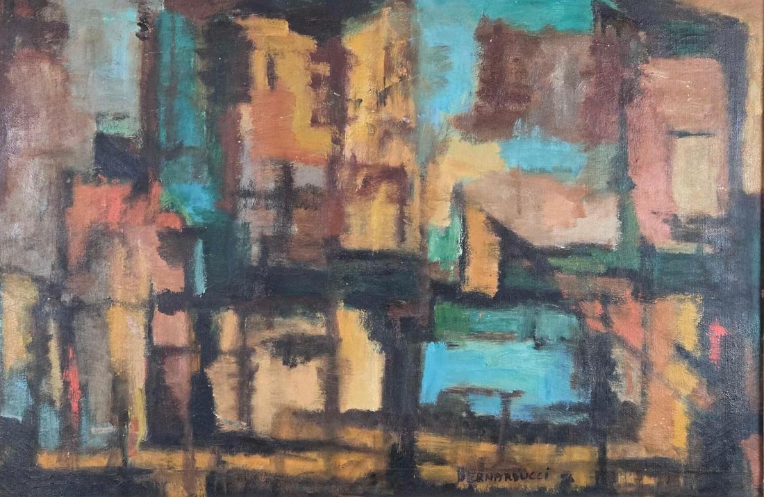 FRANK BERNARDUCCI MID-CENTURY MODERN CUBIST ABSTRACT CITYSCAPE OIL ON CANVAS: Mid-century modern oil on canvas painting by American artist Frank Bernarducci, featuring a striking semi-abstract Cubist composition with architectural geometric forms reminiscent of a cityscape or h