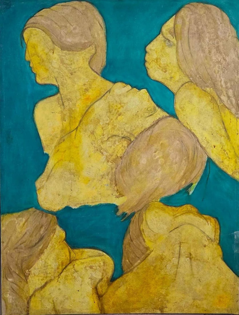 ABSTRACT PAINTING YELLOW FIGURES ON TEAL BACKGROUND MONOGRAMMED B: Large mid-century abstract expressionist oil or mixed media painting on canvas. Approximate Dimensions: 49.25" x 38" Artist or Maker: monogrammed "B"