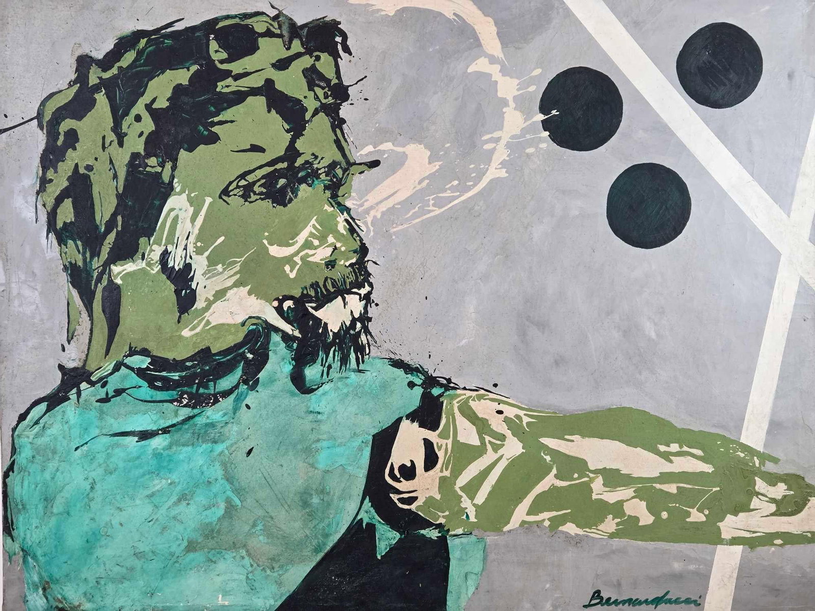 FRANK BERNARDUCCI MID-CENTURY MODERN ABSTRACT EXPRESSIONIST FIGURE OIL ON CANVAS: Large mid-century abstract expressionist oil on canvas painting by American artist Frank Bernarducci, depicting a stylized, bearded profile figure rendered in muted green and teal tones against a star
