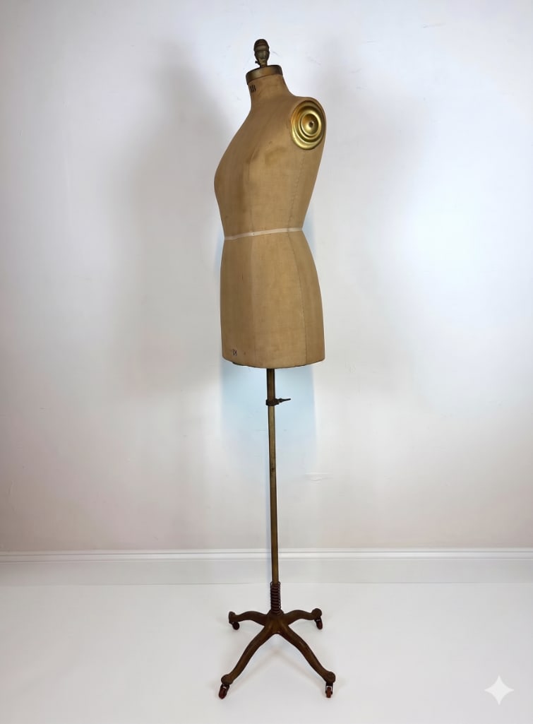 INDUSTRIAL SIZE 18 CANVAS DRESS FORM MANNEQUIN ON CAST IRON ROLLING STAND (1 of 10)
