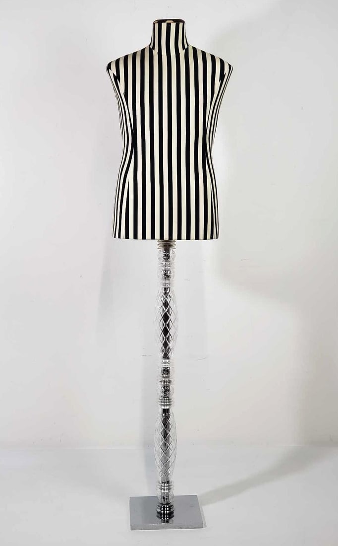 PHILIPPE STARCK FOR JEAN PAUL GAULTIER STRIPED MALE DRESSFORM MANNEQUIN: This is a male dress form mannequin designed by Philippe Starck for Jean Paul Gaultier, circa 2000-2002, featuring a black and beige striped silk fabric bust mounted on a cut Murano glass base. Dimens