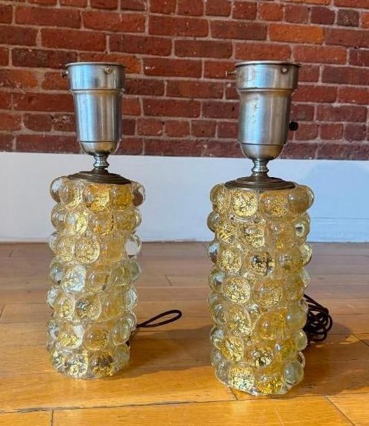 PAIR VINTAGE MURANO GOLD AVENTURINE GLASS LAMPS ATTR. BAROVIER & TOSO – ALBERTA FERRETTI: Pair of gold aventurine Murano glass lamps with applied glass prunts. Pick up Note: This lot located in Manhattan NYC, and must picked up in Manhattan. Estimated Approximate Dimensions: 16" T x 4&
