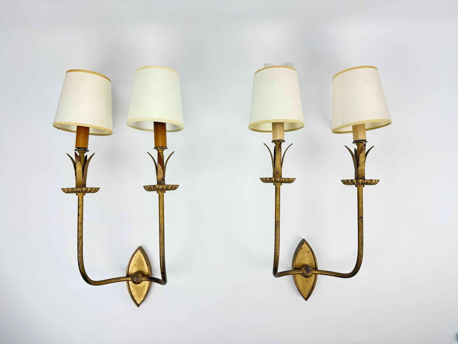 PAIR OF VINTAGE HOLLYWOOD REGENCY STYLE GILT METAL TWO-LIGHT WALL SCONCES (1 of 2) (1 of 10)