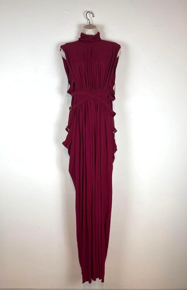ALBERTA FERRETTI ITALIAN DESIGNER BURGUNDY HIGH NECK DRAPED GOWN (1 of 12)