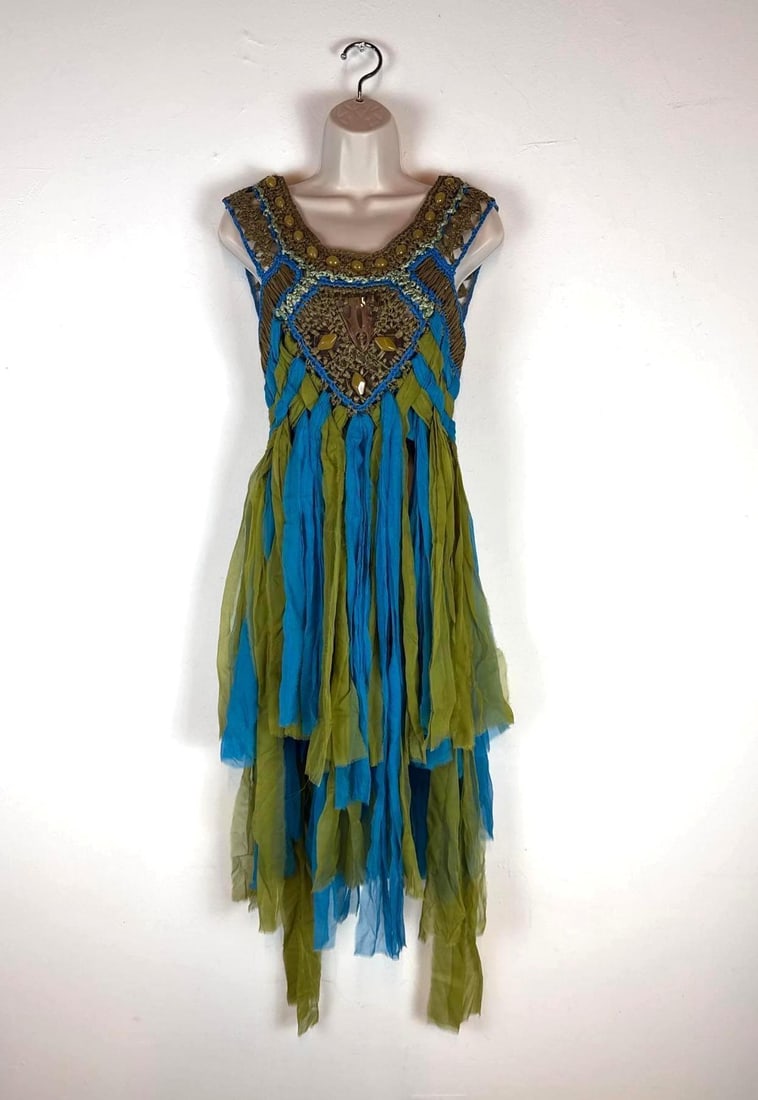 ALBERTA FERRETTI EMBELLISHED SHREDDED TULLE COCKTAIL DRESS: A vibrant blue and green sleeveless cocktail dress with an embellished bodice and a tiered, multi-tonal shredded fabric skirt. Original Retail: $3,180.00 Size: I: 40 D-34 F-36 GB-8 USA-4