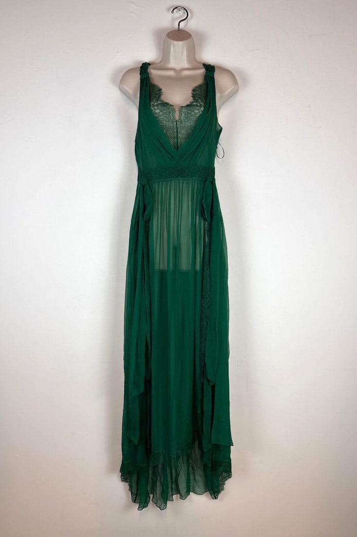 ALBERTA FERRETTI ITALIAN DESIGNER SHEER EMERALD GREEN LACE CHIFFON GOWN (1 of 9)