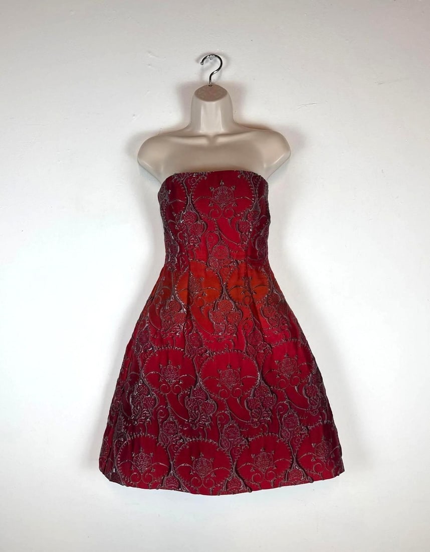 ALBERTA FERRETTI LIMITED EDITION RED OMBRE JACQUARD STRAPLESS DRESS (1 of 11)