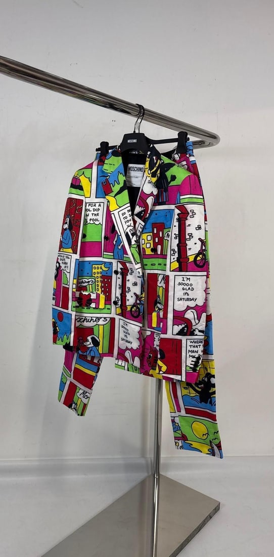 MOSCHINO JEREMY SCOTT CARTOON COMIC STRIP SUIT: Cheeky fun colorful unisex suit (Men's sample size - 40 US) rendering in a bright comic book print. A bold, iconic, highly collectible statement piece by Jeremy Scott for MOSCHINO. Size: I-50 EU-5
