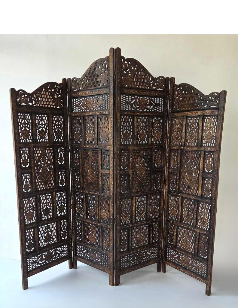 VINTAGE ANGLO INDIAN FOUR PANEL PIERCED CARVED WOOD FOLDING SCREEN (1 of 11)
