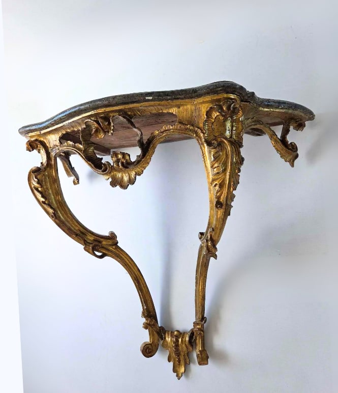 ANTIQUE CARVED GILT WOOD CONSOLE WITH FAUX MARBLE PAINTED WOOD TOP (1 of 17)