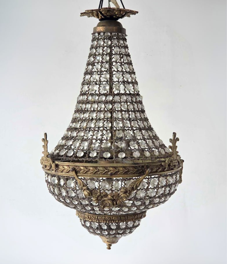 FINE LOUIS XVI STYLE BRONZE AND CRYSTAL BASKET CHANDELIER: Fine Louis XVI style cage-form basket chandelier constructed with tiered rows of beaded crystal chains encircled by a detailed cast bronze foliate band with floral swags and palmette accents Approxima
