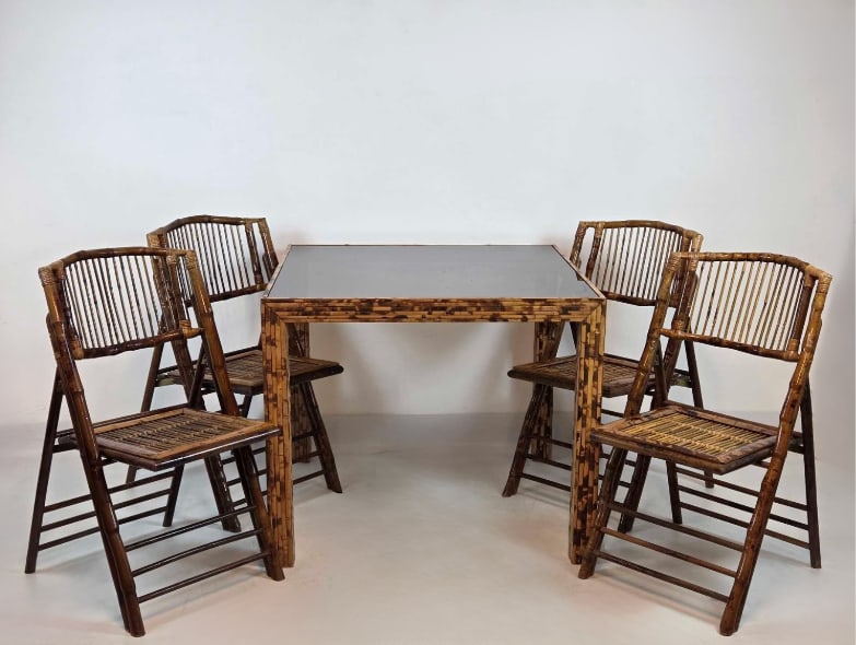 FIVE PIECE TORTOISE BAMBOO DINING SET WITH GLASS TOP TABLE AND FOUR FOLDING CHAIRS (1 of 19)
