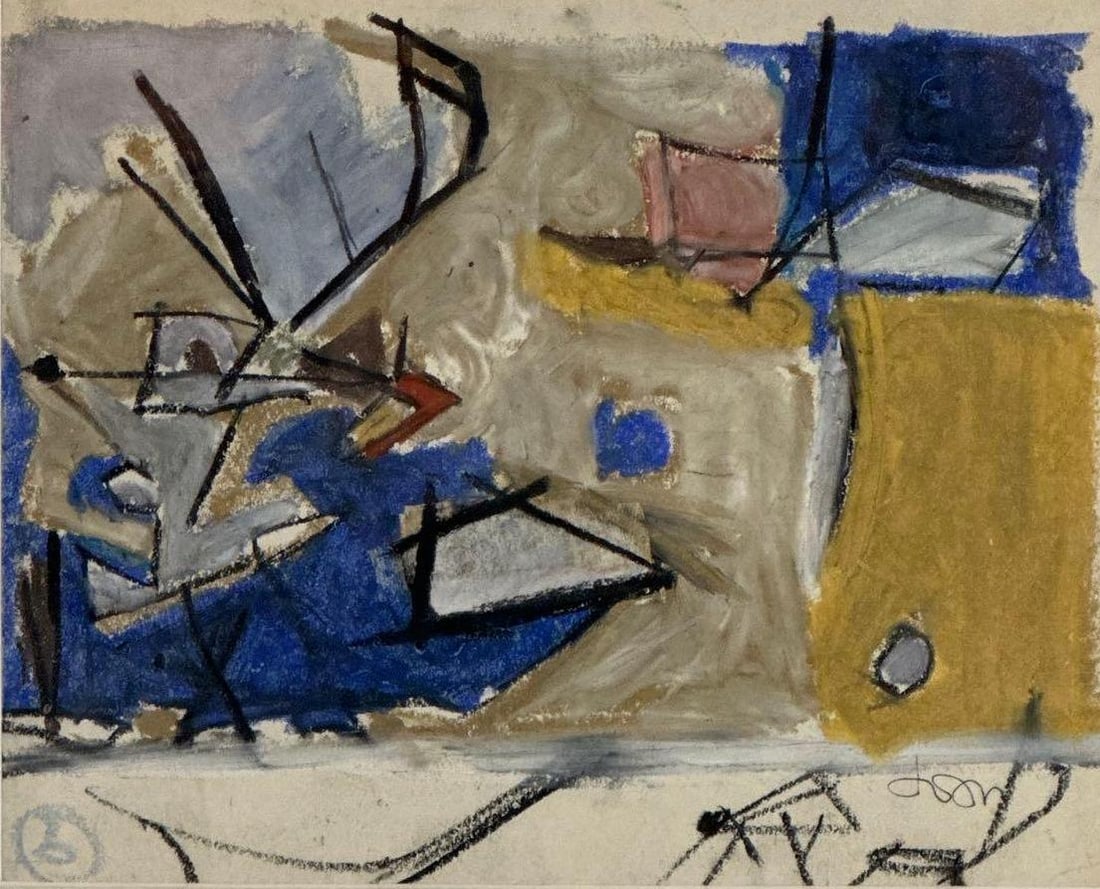LEON WALL SIGNED MID-CENTURY MODERN ABSTRACT EXPRESSIONIST MIXED MEDIA PAINTING: Signed 8x10-inch mid-century abstract expressionist mixed media composition on paper by Leon Wall, dated circa 1960. Approximate Dimensions: 8”x10”; Frame 16" x 20" Artist or Maker